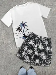 Men's Tropical Palm Tree Graphic Print Tee & Shorts Set, Regular Fit Casual Short Sleeve Round Neck T-shirt & Drawstring Waist Shorts, Men's Summer Clothes for Beach Vacation, Menswear