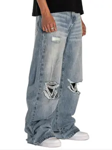 Men's Light Blue Ripped Loose Straight Jeans, All Seasons Street Style, Zipper Fly, Plain Pattern, Comfortable Fit