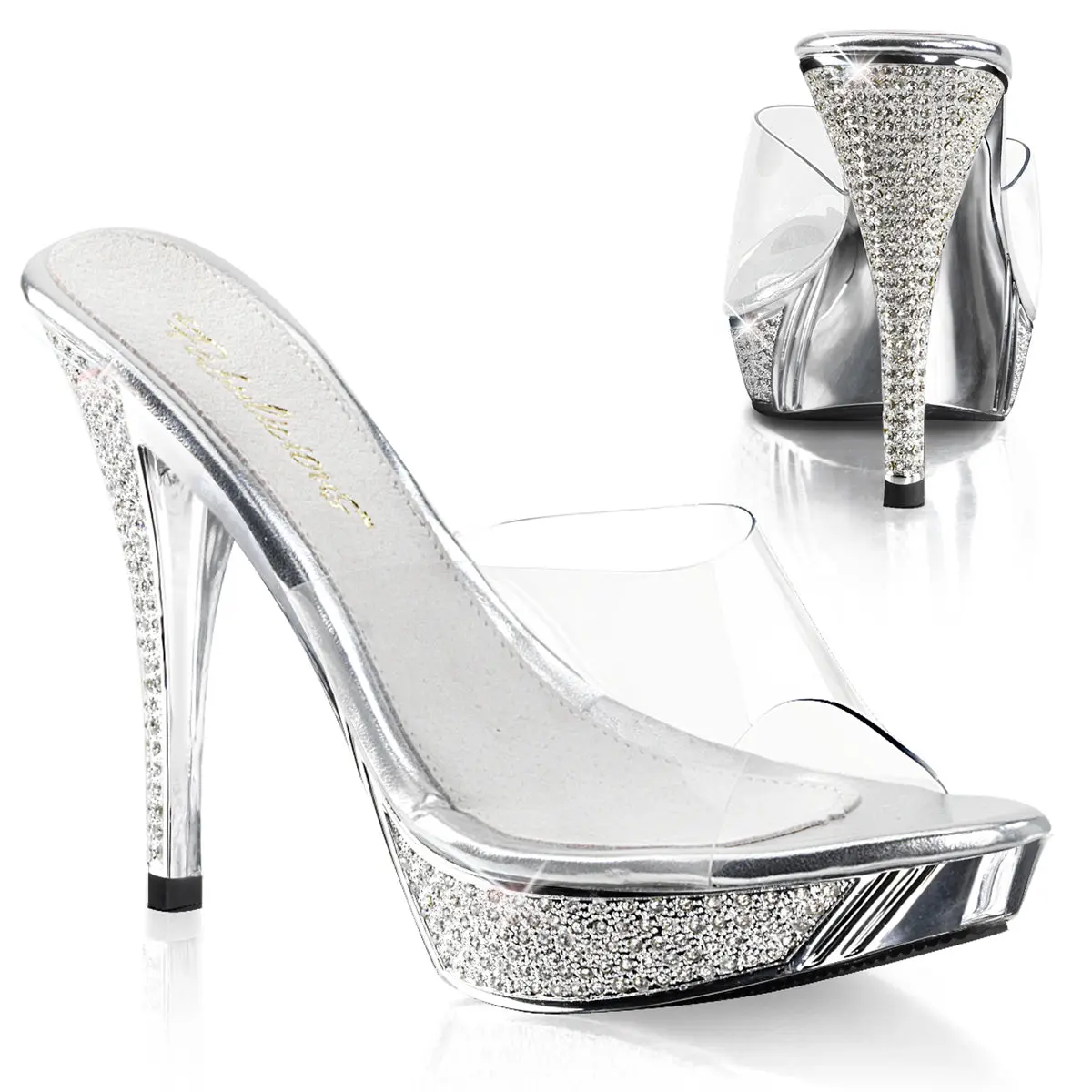 Women's 401 Style Decor Stiletto Platform Heel Sandals - 4 in Clear-Silver Chrome Footwear, Elegant Women's Shoes