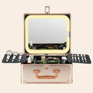 Qislee Travel Makeup Bag with LED Mirror & Adjustable Dividers, Portable Makeup Organizer, Waterproof cosmetic storage bag with large capacity