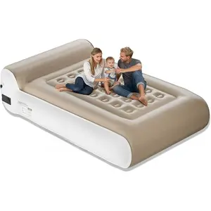 16" Queen Air Mattress Full with Built in Pump for Camping,Portable Blow up Mattress with Carry Bag,High-Speed Pump,Luxury Inflatable Mattress Comfort Flocked Airbed for Guest,Home(Khaki)