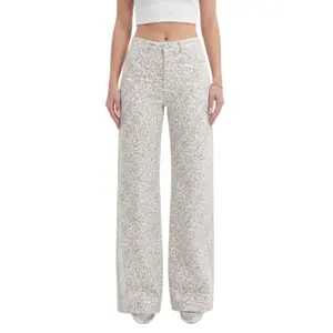 ONESO Womens Baggy Wide Leg Jeans Mid Rise Stretch Distressed Denim Pants Leopard Print Tummy Control Plus Size