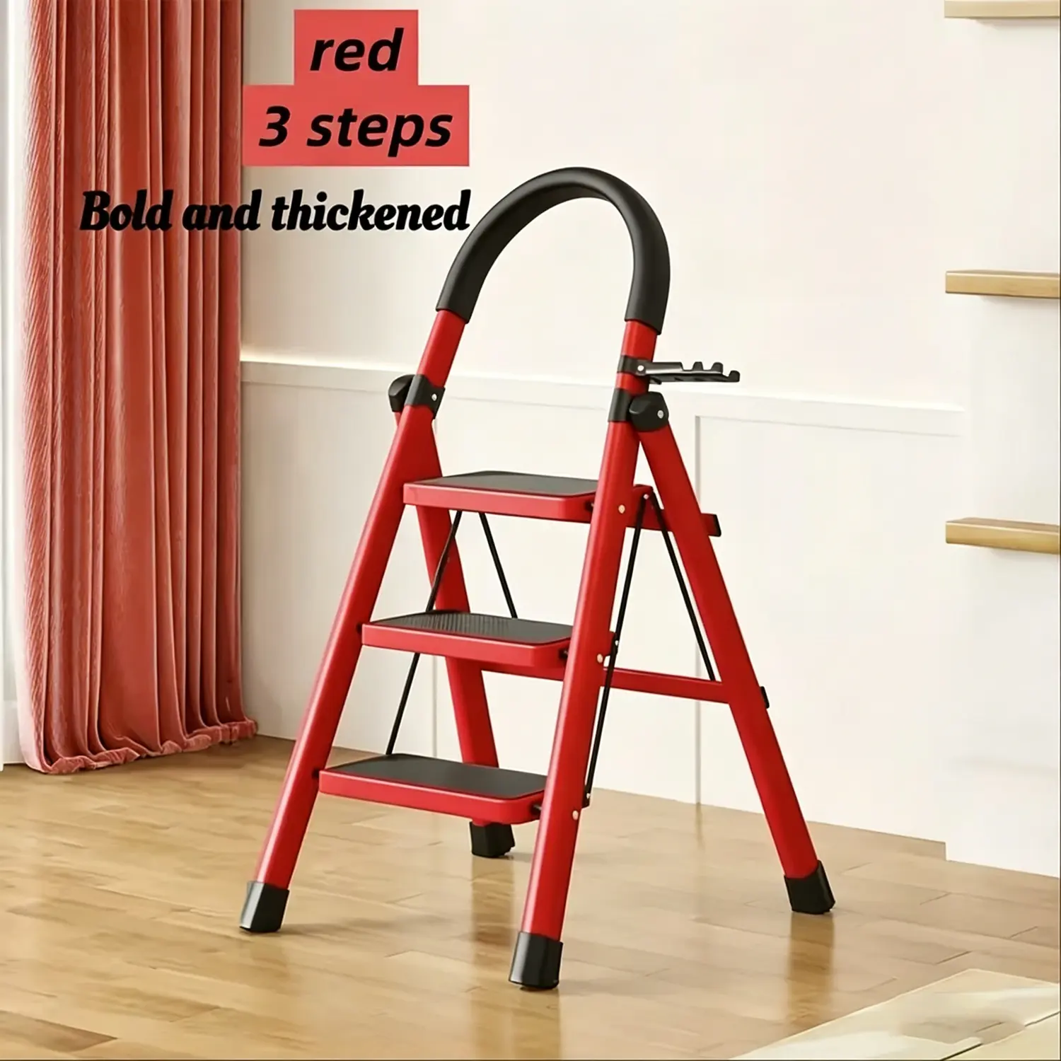Red three step folding footstool with armrest, anti slip wide foot pedal, safe design, passed heavy-duty testing, suitable for home and kitchen folding footstool, made of metal material
