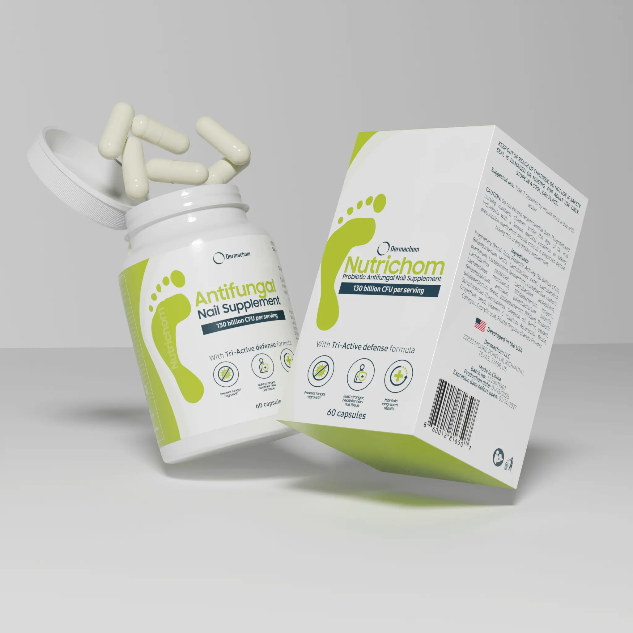 Nutrichom Antifungal Pill - 130 Billion CFU per Serving - 60 Capsules - Caprylic Acid - Natural Nail Fungus Defense Formula