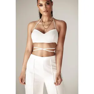 Lexi Wrap Around Cropped Top - Off White |  tylish Sleeveless Tie-Back Blouse – Pull-On Style Top - Feminine Chic Shirt for Hen Parties, Lunch Dates, Rooftop Bars, Cocktail Nights & Clubbing - Womenswear Fashion