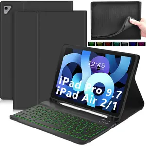for iPad Air 2 Keyboard Case, for iPad 9.7" 2017/2018 Keyboard Case with Apple Pencil Holder, Detachable Wireless 7-Colors Backlit Keyboard + PU Leather Cover for iPad Pro 9.7", for iPad Air 1