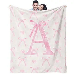 Sweet Pink Blanket with Bow, Heart, and A-Z Letter Print.  Made of Flannel, This Blanket Is Perfect for Sofas, Bedrooms, Travel, and More, Enhancing The Atmosphere of Any Space. It'S Decorative, Practical, Comfortable, and Soft, Suitable for All Seasons.