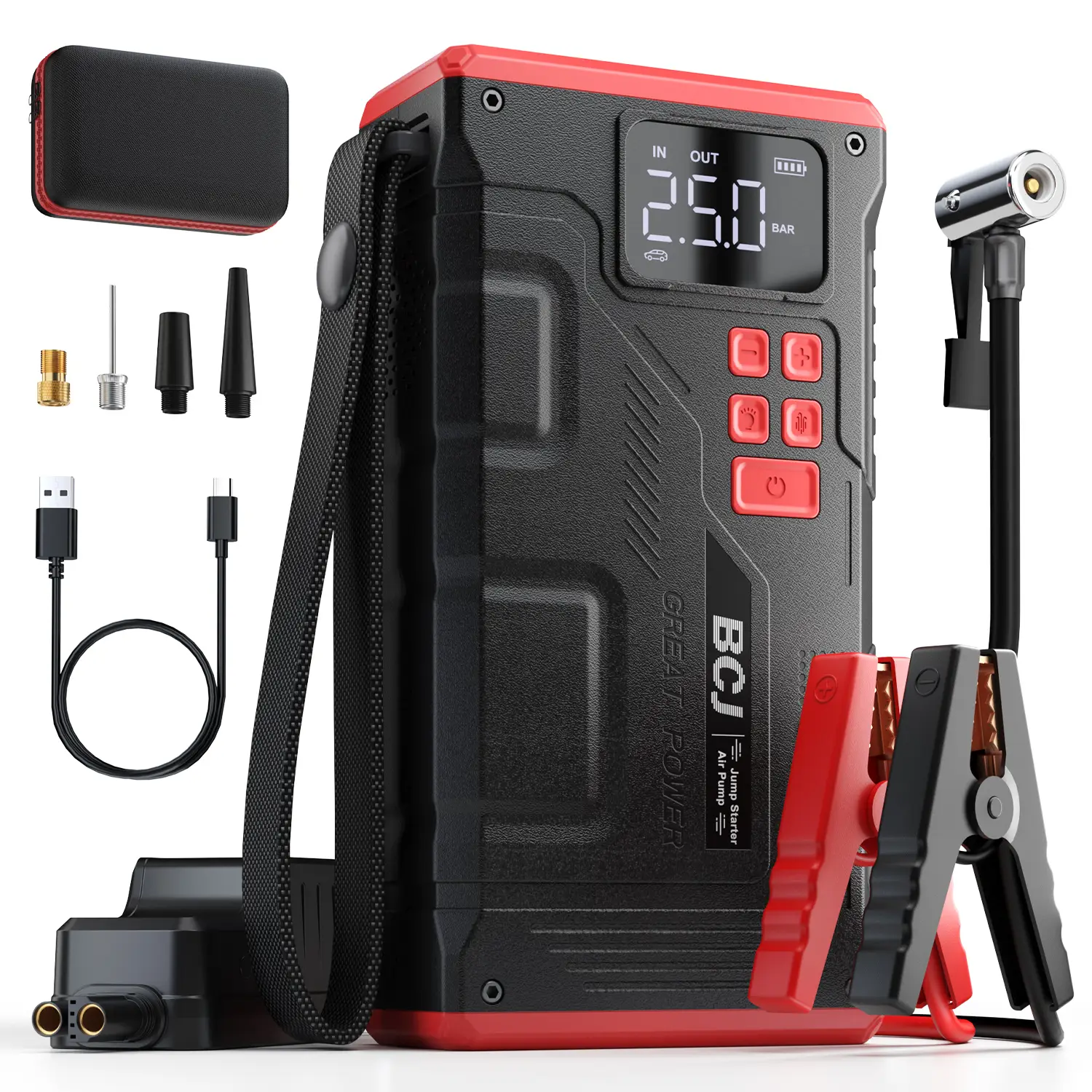 【5-in-1】16800mAh BCJ Portable Car Jump Starter with Air Compressor (ALL Gas/10.0L Diesel), 6000A 12V Car Battery Jump Power, 150PSI Tire Inflator, Mul