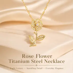 Stylish Versatile Colorful CZ Rose Titanium Steel Necklace, Gold Tone Set With White CZ Stones