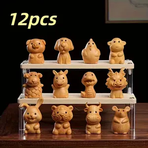 Hand Carved Sandalwood 12 Chinese Zodiac Animals Set, Home Office Desk Decor Figurines, Lucky Collection Ornaments, Unique Cultural Gift