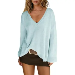 Women V Neck Oversized Sweaters Casual Off The Shoulder Sweater Knit Long Sleeve Tops Fall Outfits