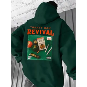 Treaty Oak Revival Graphic Hoodie, Casual French Terry Knit Fabric Pullover, Loose Fit, with Front Pocket, for Men, Hooded Sweatshirt with Alphabet Print Design