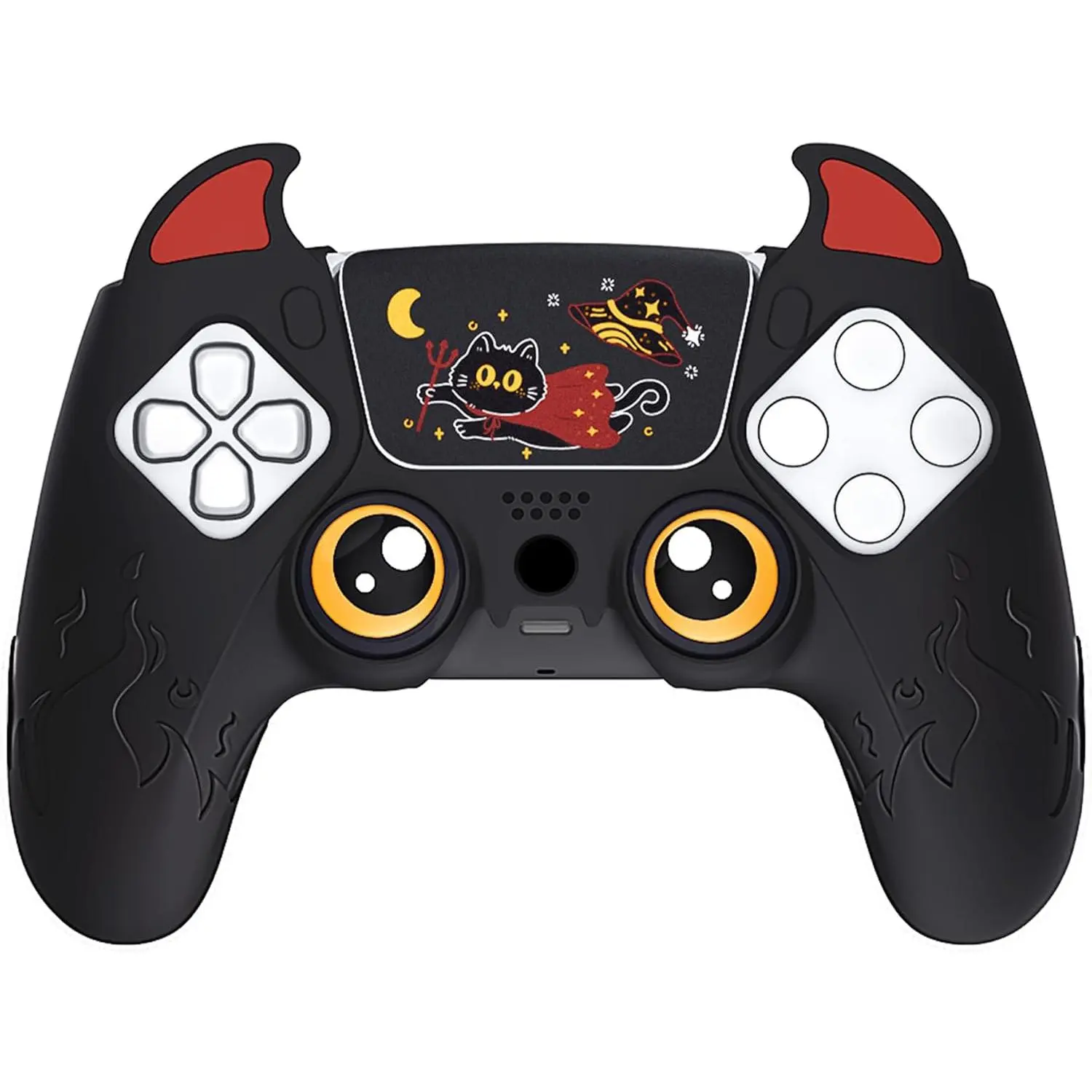 Kawaii Series Devil-Themed PS5-Only Silicone Controller Cover, Gaming Console Accessories with Trackpad Sticker, Thumb Grip Caps, Black Gamepad Skin