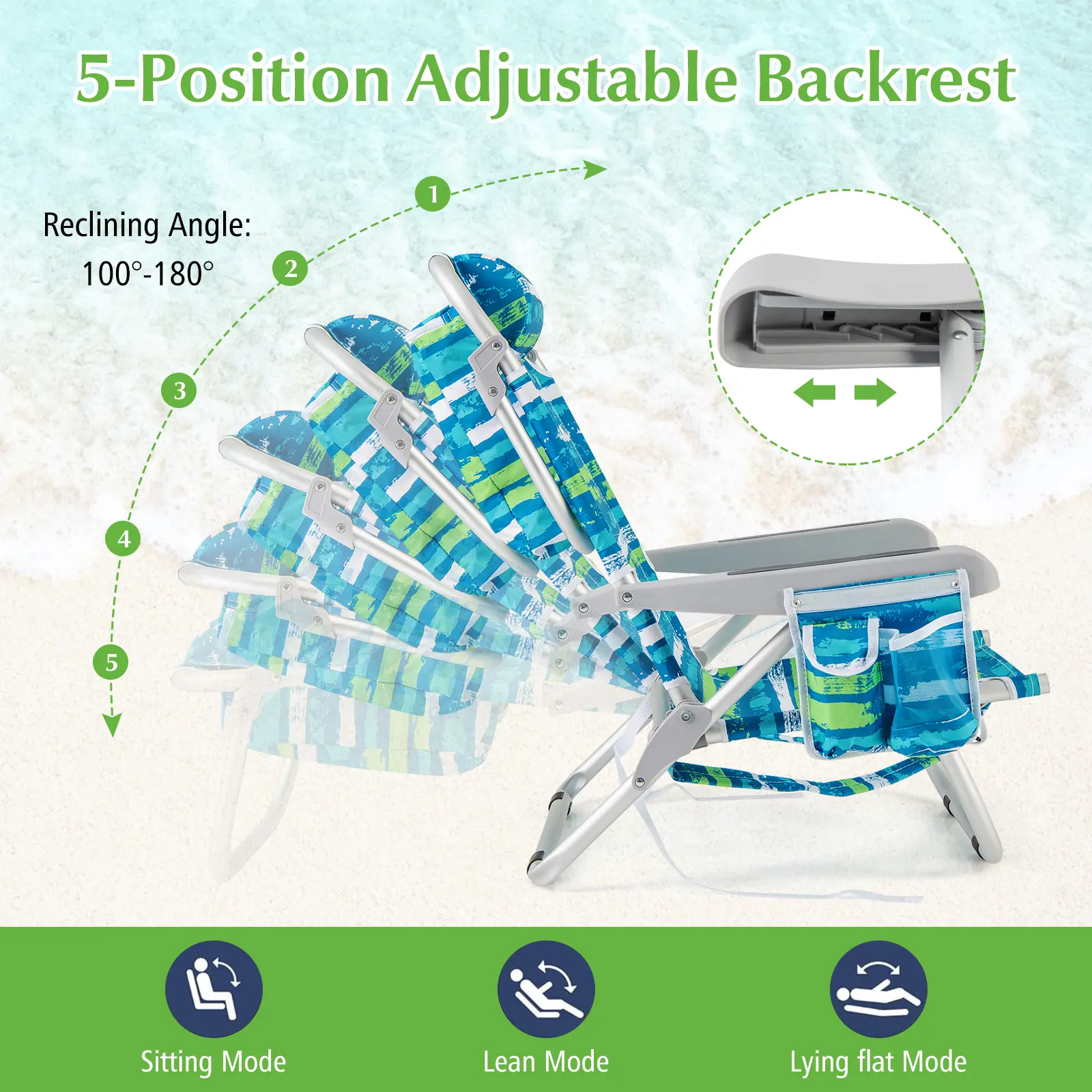 COSTWAY - 1 Piece Foldable Backpack Beach Chair with Cup Holder and Storage Pockets for Outdoor-Blue and Green