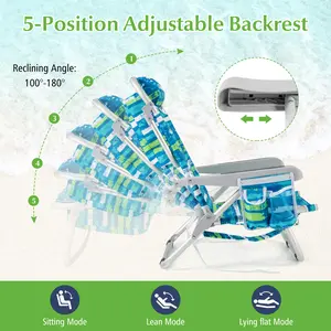 COSTWAY - 1 Piece Foldable Backpack Beach Chair with Cup Holder and Storage Pockets for Outdoor-Blue and Green
