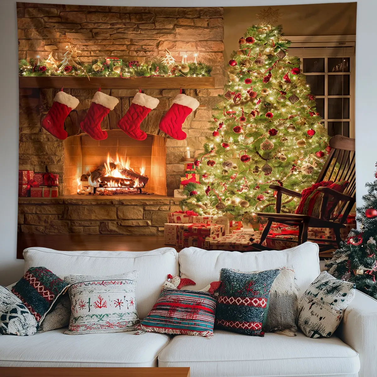 1pc Christmas tree, fireplace tapestry, Christmas burning fireplace tapestry, New Year Christmas party decoration banner tapestry, suitable for home, office, event - indoor/outdoor holiday decoration