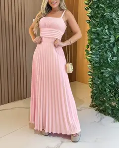 Elegant Pink Pleated Maxi Dress with Square Neckline and Thin Straps for Women