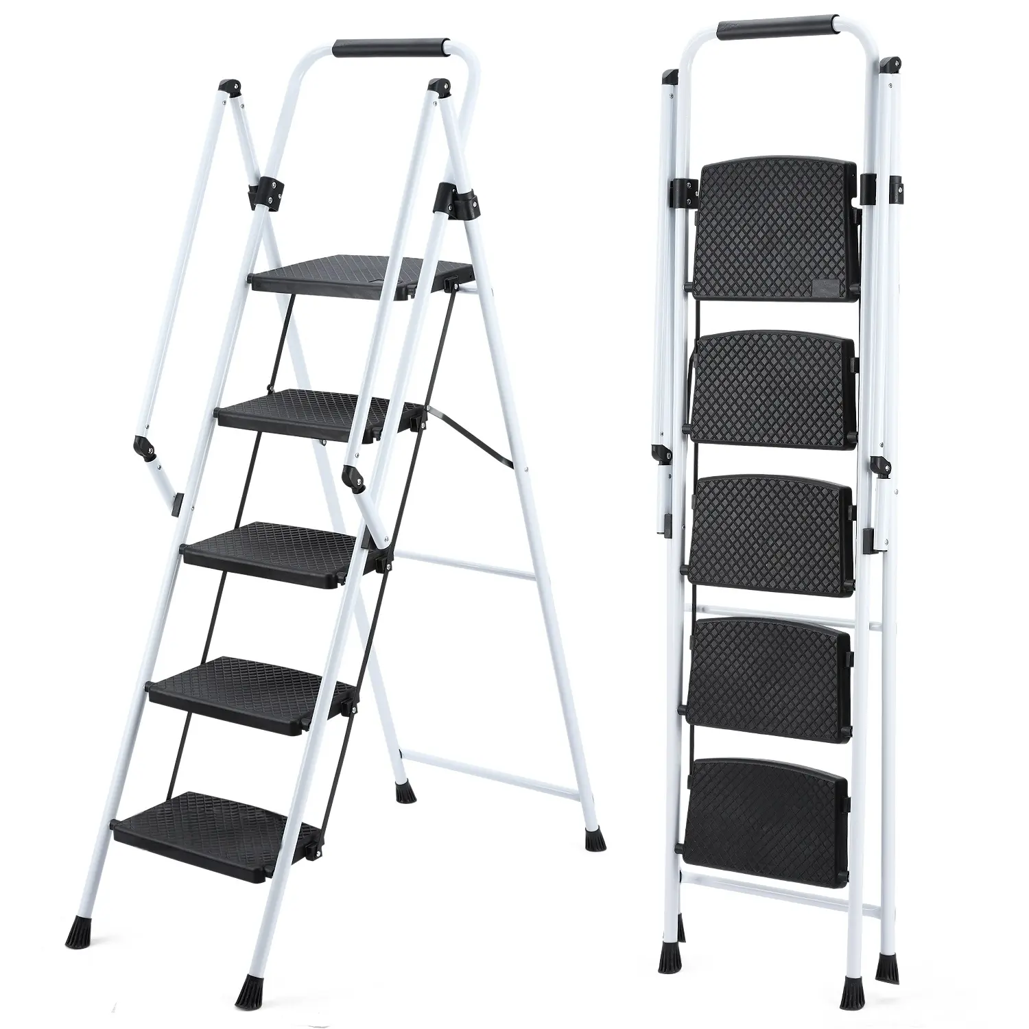 Four step/five step ladder, lightweight folding, with anti slip wide steps and safety handles, sturdy steel ladder, multi-purpose ladder, suitable for home, kitchen, and office elevators