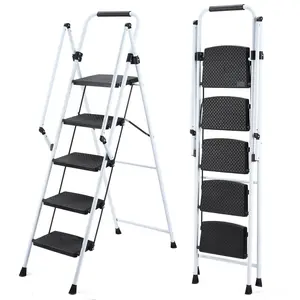 Four step/five step ladder, lightweight folding, with anti slip wide steps and safety handles, sturdy steel ladder, multi-purpose ladder, suitable for home, kitchen, and office elevators