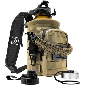 NATURE PIONEOR 64 oz Tactical Water Bottle Set, Stainless Steel Half Gallon Insulated Water Bottle with Tactical MOLLE Bottle Carrier Sleeve, for Outdoor Work, Gym, Hiking, Camping