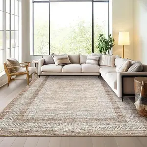 Extra Large Area Rug 10x13 Modern Geometric Bordered Rug Washable & Non Slip, Low Pile Non Shedding Faxu Wool Mat for Home & Office Use, Brown Home Decor Rugs