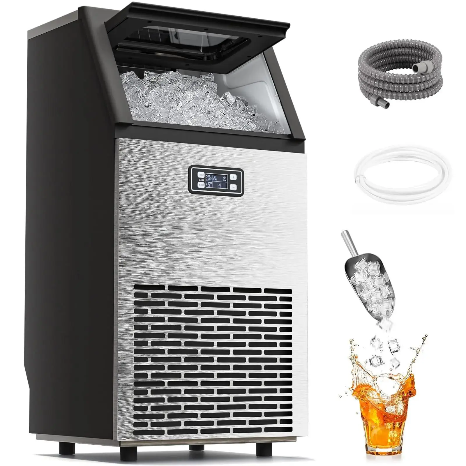 Commercial Ice Maker Machine, 2026 Upgraded 66lbs/80lbs/100lbs 24H Stainless Steel Ice Maker Machine with 33lbs Storage Capacity, Self-Cleaning Freestanding Ice Maker for Home Bar Restaurant Office Outdoor