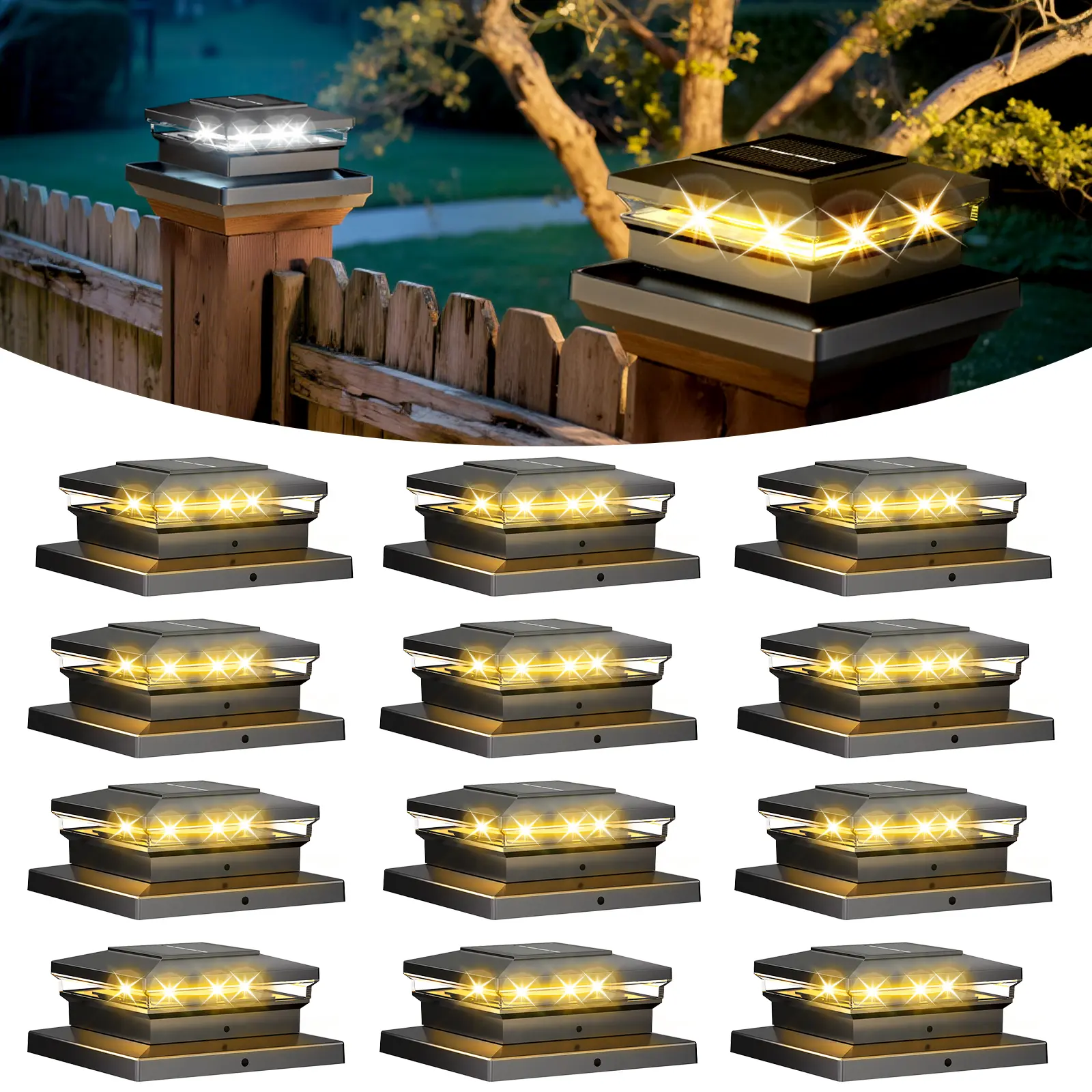 Solar Post Cap Lights,12 Pack  Waterproof Outdoor Fence Lights for 4x4, 5x5, 6x6 Vinyl/Wood Posts – Warm/Cool White for Garden, Patio, Porch Summervibes
