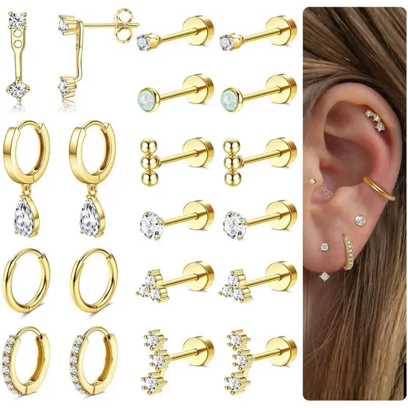 MILACOLATO Hypoallergenic Flat Back Earrings Gold Cartilage Earring Sets for Multiple Piercing 20G Surgical Stainless Steel Earrings for Women Trendy Earring Stacks Small Hoop Flatback Stud Earrings