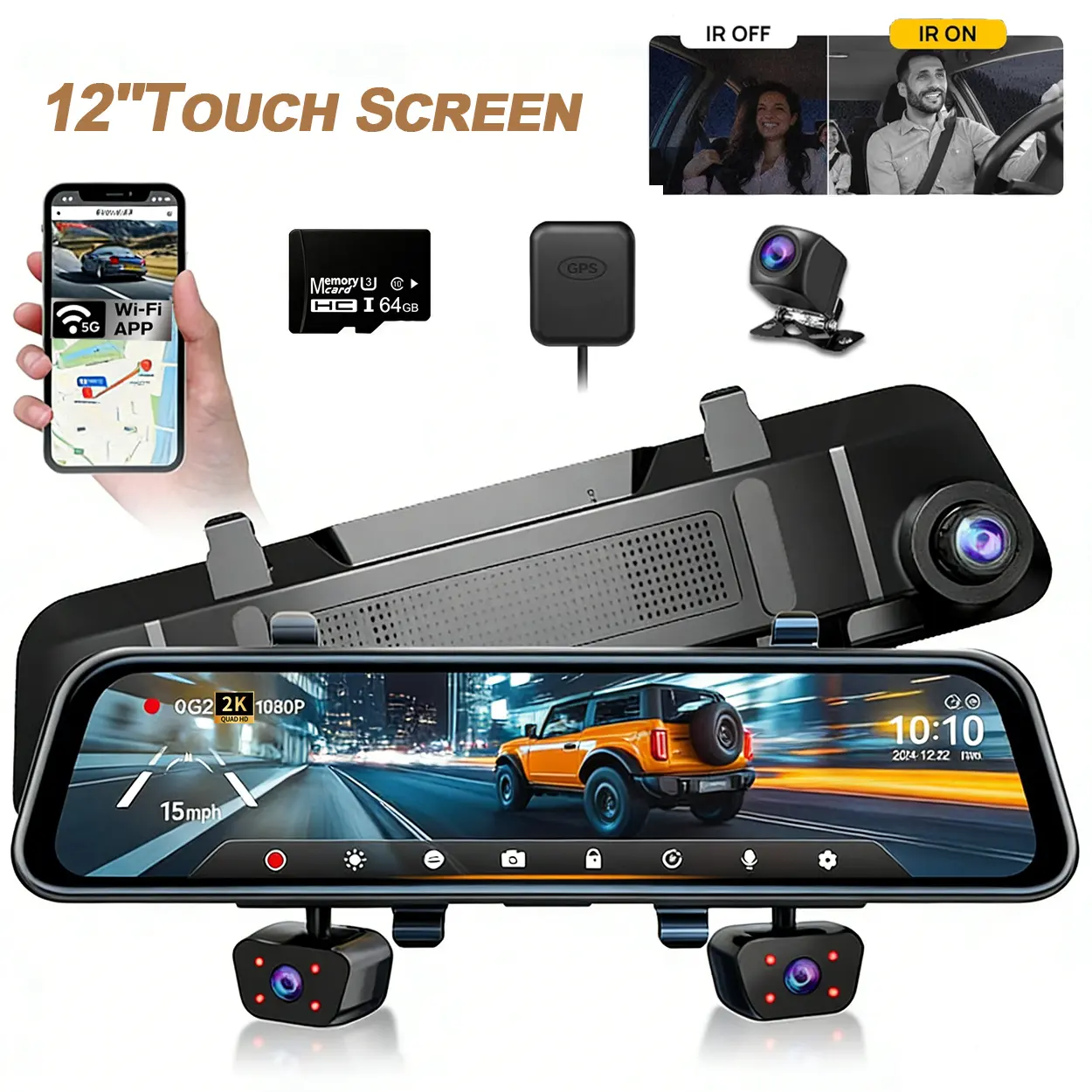 【FathersDayGift】4  Lens Touch Screen Dash Cam WiFi GPS Dashcam with MSTAR processor, 12-inch touchscreen rearview mirror, and four cameras