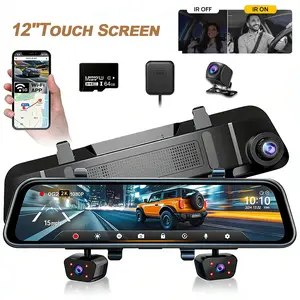 Car Dashcam1080p Full HD WiFi GPS Dashcam with MSTAR processor, 12-inch touchscreen rearview mirror, and four cameras