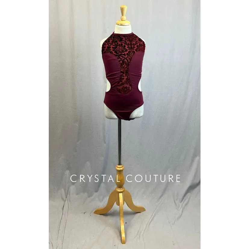 Custom Maroon Leotard with Side and Back Cutouts and Lace Center Detail