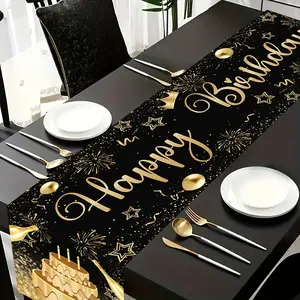 Happy Birthday Table Runner, and Gold Design, Durable Polyester Fiber, Perfect Party Decoration, Birthday Gift, Photo Prop Decor