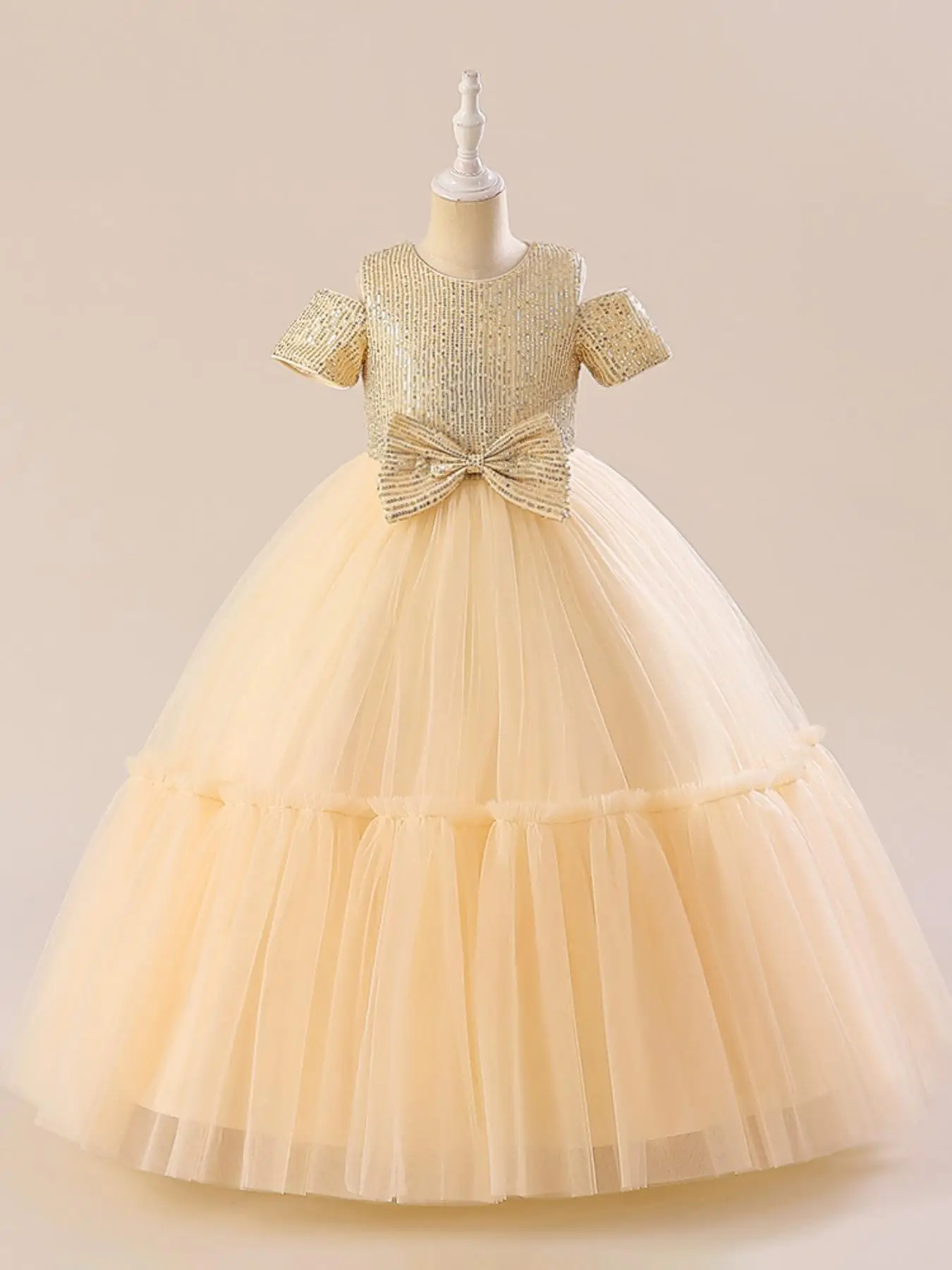 Girl's Contrast Sequin Bow Decor Tulle Dress, Elegant Round Neck Short Sleeve Fit & Flare Dress for Party, Kids Clothes for All Seasons