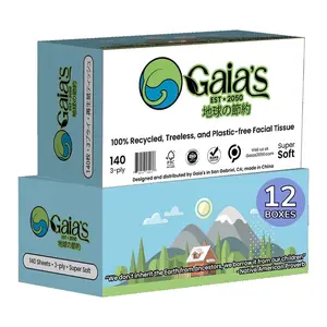 Gaias Premium Recycled Facial Tissues, 12 boxes, 3 Ply, 140 Sheets/Box - Made From 100% Recycled Paper, Zero Plastic Packaging, Eco-Friendly, Sustainable