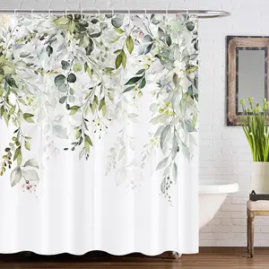Sage Green Floral Shower Curtain Eucalyptus Leaves Retro Shower Curtain Farmhouse Bathroom Curtain with Hooks Bathroom Decor Washable Durable Waterproof Fabric