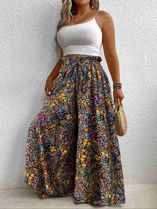 【plus size】 floral print pants, boho casual comfy wide leg trousers for vacation holiday, women's bottoms for summer, womenswear