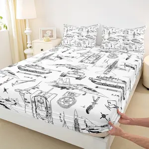 Aircraft Fitted Sheet,Cars Tank Airplane Transport Vehicles Bedding Set for Kids Boys Teens Men Room Decor,Military Style Bed Sheet Modern Black White Deep Pocket Sheet