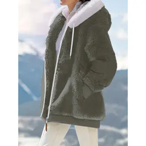 Plus Size Colorblock Fuzzy Hooded Coat, Casual Long Sleeve Zipper Coat For Winter, Women's Plus Size Clothing