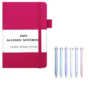 2 Piece Set, 6 Maroon Four Color Press Button Pens, 0.5mm Medium Oil Pen, 1 Multi-Color Lined Notebook, Portable, 160 Pages, 100gsm, Hard Cover