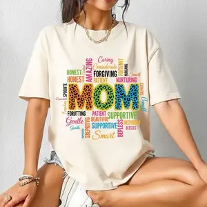 Colorful Mom Shirt Positive Words Graphic Tee Leopard Print Letters Inspirational Mothers Day Gift Trendy Cute Top D