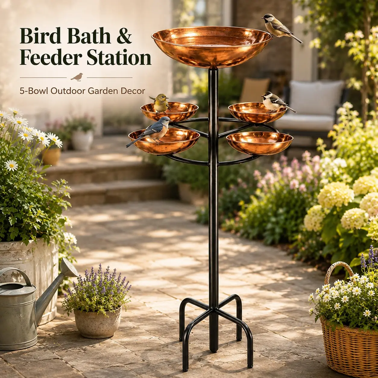 5-Basin Copper-Colored Metal Freestanding Outdoor Bird Feeder & Bath Device, Stable Durable Home Decor Supplies for Courtyard, Patio