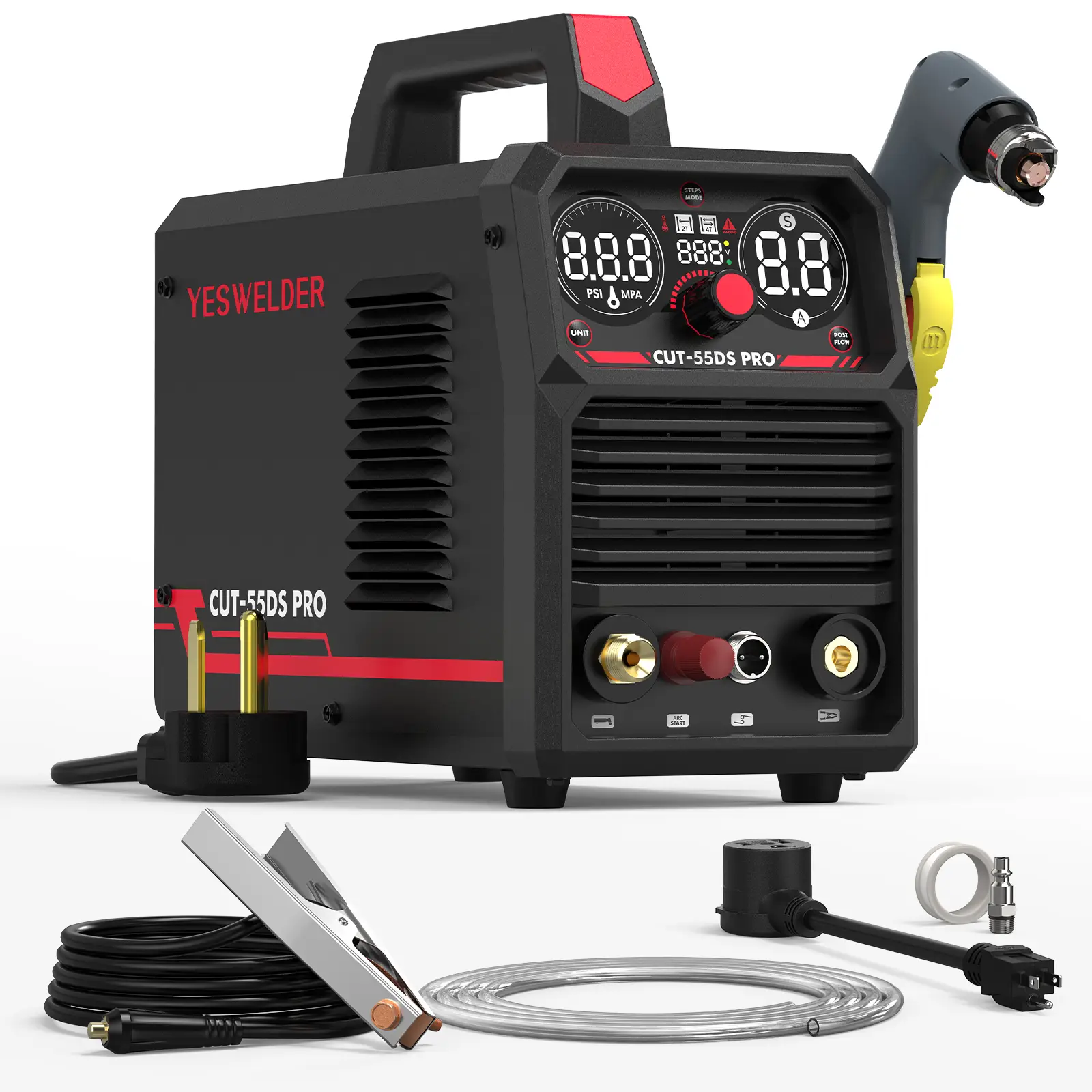 YesWelder CUT-55DS-PRO Non-HF Plasma Cutter 55Amp | 110/220V Dual Volts Non-Touch Pilot Arc Plasma Cutting Machine | Air Pressure Display, 2T/4T Modes