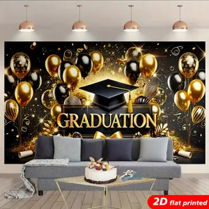 Black Gold Polyester Graduation Tapestry Wall Hanging - 2D Flat Printed, Cap, Balloon, Diploma Design, Room Backdrop for Graduation Party, Aesthetic Home Decor