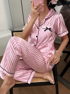 Elegant Women's Striped Printed Short Pajama Set, Short Sleeve Button Neck Top and Long Pants, Soft Sleepwear Home Wear