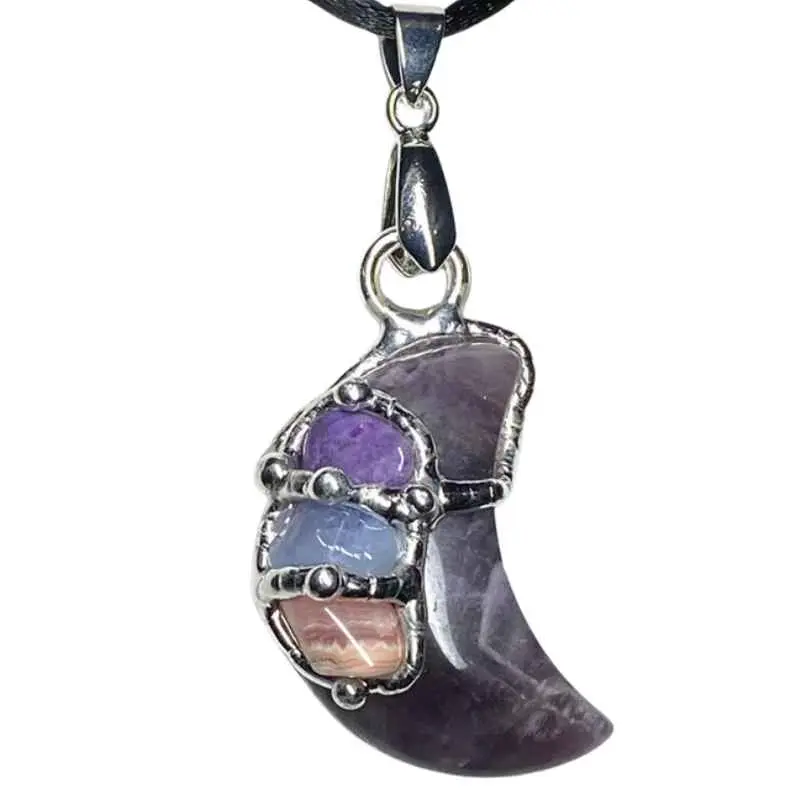 Seeds of Light Serenity Moon Necklace - Unisex Celestial Pendant with Sugilite & Rhodochrosite Gemstone Cluster for Courage, Serenity & 4th-7th Chakra Alignment, Gemstones, Connects To Celestial Realm