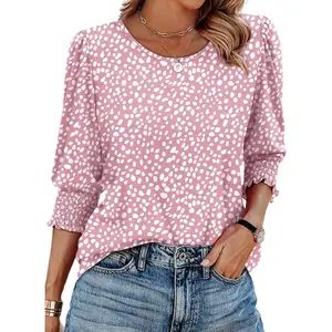 Blouses for Women Dressy Casual 3/4 Length Sleeve Womens Tops with Smocked Cuffs