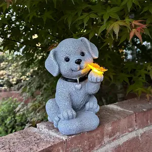 Solar garden decoration dog statue with butterfly lights — waterproof outdoor decor for lawns, patios, balconies, courtyards, and steps; suitable for home use, women, and housewarming surprises