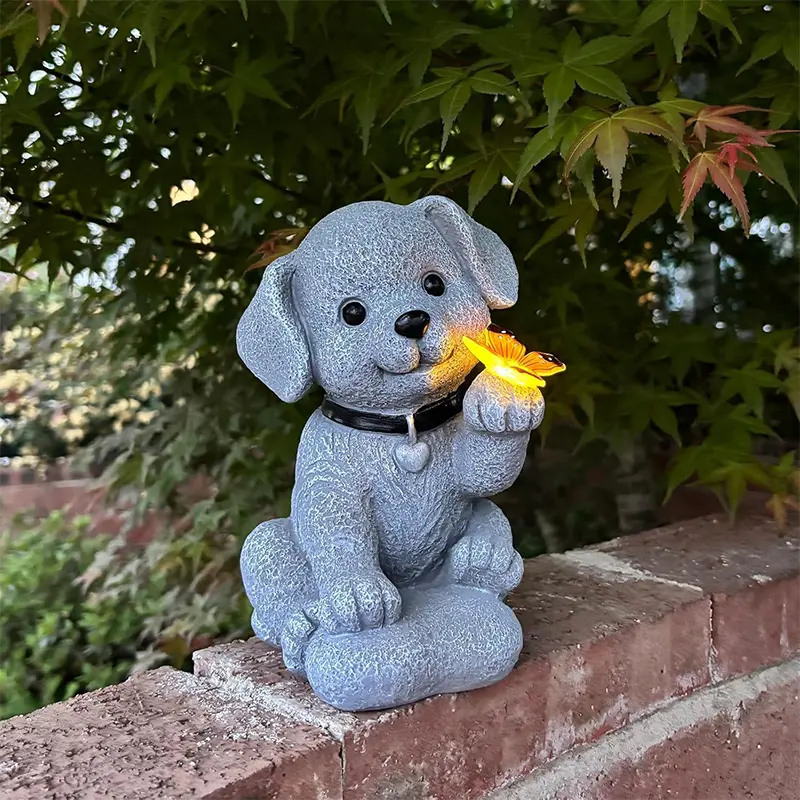 Solar Powered Eco-Friendly Dog Statue with Solarlit Butterflies - Waterproof Outdoor Decor, Convenient Lighting, Patio Step Accent for Steps, Housewarming Gift for Women