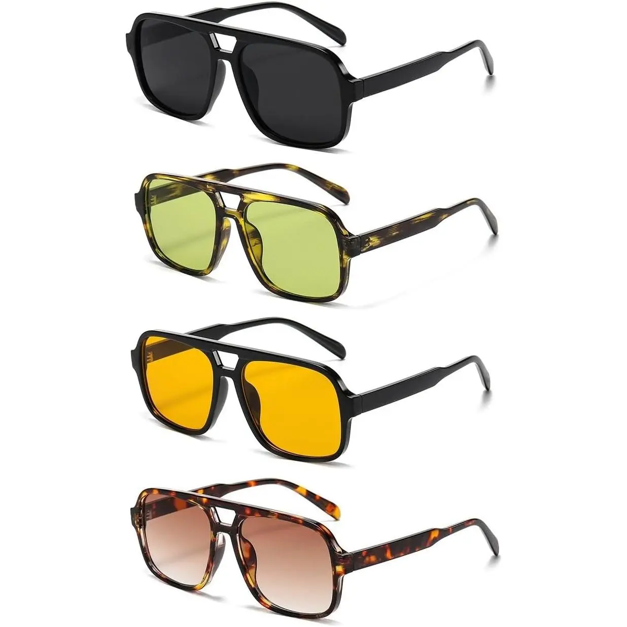 4 Pieces Vintage 70s Square Aviator Sunglasses Unisex Oversized Retro Double Bridge Fashion Sunglasses Aviator Sunglasses﻿(Black + Leopard Green + Orange + Tortoise Brown) - China