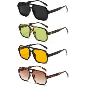 4 Pieces Vintage 70s Square Aviator Sunglasses Unisex Oversized Retro Double Bridge Fashion Sunglasses Aviator Sunglasses﻿(Black + Leopard Green + Orange + Tortoise Brown) - China